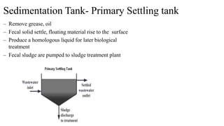 Sedimentation Tank- Primary Settling tank
– Remove grease, oil
– Fecal solid settle, floating material rise to the surface
– Produce a homologous liquid for later biological
treatment
– Fecal sludge are pumped to sludge treatment plant
 