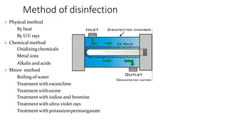 Method of disinfection
 Physical method
By heat
By U.V.rays
 Chemical method
Oxidizingchemicals
Metal ions
Alkalis andacids
 Minor method
Boiling of water
Treatment with excesslime
Treatment withozone
Treatment with iodine and bromine
Treatment with ultra-violet rays
Treatment with potassiumpermanganate
 