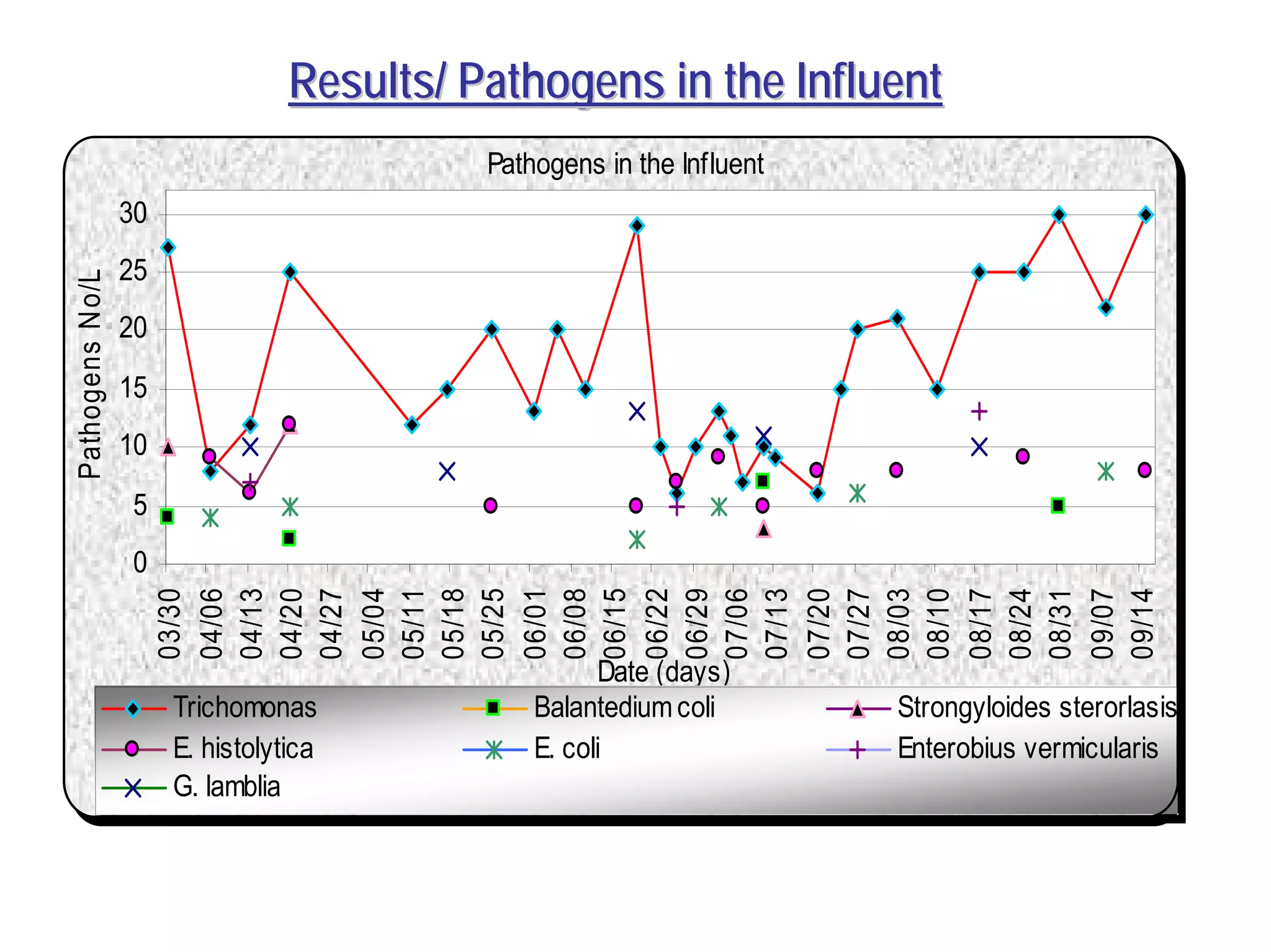 Pathogens in the Influent
0
5
10
15
20
25
30
03/30
04/06
04/13
04/20
04/27
05/04
05/11
05/18
05/25
06/01
06/08
06/15
06/22
06/29
07/06
07/13
07/20
07/27
08/03
08/10
08/17
08/24
08/31
09/07
09/14
Date (days)
PathogensNo/L
Trichomonas Balantediumcoli Strongyloides sterorlasis
E. histolytica E. coli Enterobius vermicularis
G. lamblia
Results/ Pathogens in the InfluentResults/ Pathogens in the Influent
 