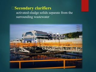 ⮚Secondary clarifiers
activated-sludge solids separate from the
surrounding wastewater
 