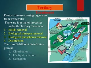 Tertiary
Treatment
Remove disease-causing organisms
from wastewater
There are four major processes
under the Tertiary Treatment
1. Solids removal
2. Biological nitrogen removal
3. Biological phosphorus removal
4. Disinfection
There are 3 different disinfection
process
1. Chlorination
2. UV light radiation
3. Ozonation
 