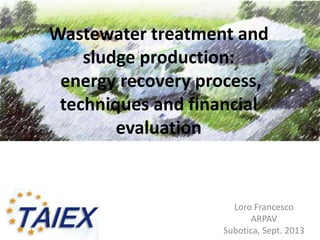Wastewater treatment and
sludge production:
energy recovery process,
techniques and financial
evaluation
Loro Francesco
ARPAV
Subotica, Sept. 2013
 