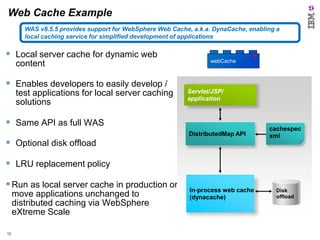 Web Cache Example
WAS v8.5.5 provides support for WebSphere Web Cache, a.k.a. DynaCache, enabling a
local caching service for simplified development of applications

 Local server cache for dynamic web
content

webCache

 Enables developers to easily develop /
test applications for local server caching
solutions

Servlet/JSP/
application

 Same API as full WAS
 Optional disk offload

DistributedMap API

cachespec
xml

 LRU replacement policy
 Run as local server cache in production or
move applications unchanged to
distributed caching via WebSphere
eXtreme Scale
13

In-process web cache
(dynacache)

Disk
offload

 