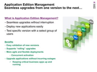 Application Edition Management
Seamless upgrades from one version to the next…
What is Application Edition Management?
− Seamless upgrades without interruption
− Deploy new applications easily
− Test specific version with a select group of

users
Benefits
− Easy validation of new versions
− Supports “rolling” upgrades
− More agile and flexible deployments

− Concurrent activation
− Upgrade applications without incurring outages
 Keeping critical business apps up and

running

 