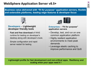 WebSphere Application Server v8.5+
Business value delivered with “fit for purpose” application servers, flexible
and extensible platforms, leading edge features & developer focus

Developers – Lightweight
developer friendly tools

Enterprises – “Fit for purpose”
application servers

– Fast and free download of WAS
runtime for testing on developer’s
desktop along with developer’s tools

− Develop, test, and run on one
common application platform
− Highly resilient application
environments to meet peak
demands
− Leverage elastic caching to
improve performance and QoS

– Simple configuration and rapid
server restart for testing

Lightweight profile for fast development and non-critical apps. Resiliency and
scaling when your apps need it !

 