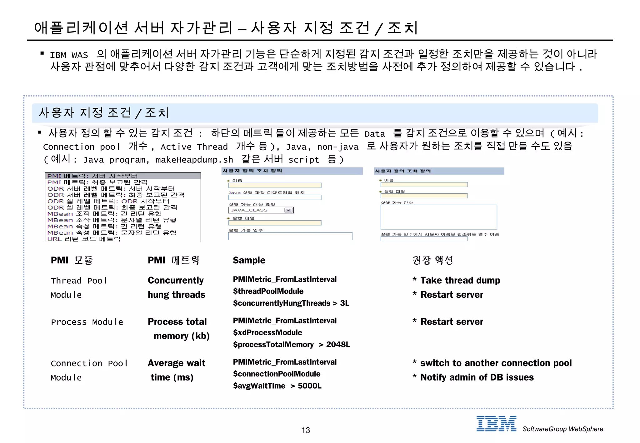 13 SoftwareGroup WebSphere
애플리케이션 서버 자가관리 – 사용자 지정 조건 / 조치
 IBM WAS 의 애플리케이션 서버 자가관리 기능은 단순하게 지정된 감지 조건과 일정한 조치만을 제공하는 것이 아니라
사용자 관점에 맞추어서 다양한 감지 조건과 고객에게 맞는 조치방법을 사전에 추가 정의하여 제공할 수 있습니다 .
사용자 지정 조건 / 조치
 사용자 정의 할 수 있는 감지 조건 : 하단의 메트릭 들이 제공하는 모든 Data 를 감지 조건으로 이용할 수 있으며 ( 예시 :
Connection pool 개수 , Active Thread 개수 등 ), Java, non-java 로 사용자가 원하는 조치를 직접 만들 수도 있음
( 예시 : Java program, makeHeapdump.sh 같은 서버 script 등 )
PMI 모듈 PMI 메트릭 Sample 권장 액션
Thread Pool
Module
Concurrently
hung threads
PMIMetric_FromLastInterval
$threadPoolModule
$concurrentlyHungThreads > 3L
* Take thread dump
* Restart server
Process Module Process total
memory (kb)
PMIMetric_FromLastInterval
$xdProcessModule
$processTotalMemory > 2048L
* Restart server
Connection Pool
Module
Average wait
time (ms)
PMIMetric_FromLastInterval
$connectionPoolModule
$avgWaitTime > 5000L
* switch to another connection pool
* Notify admin of DB issues
 