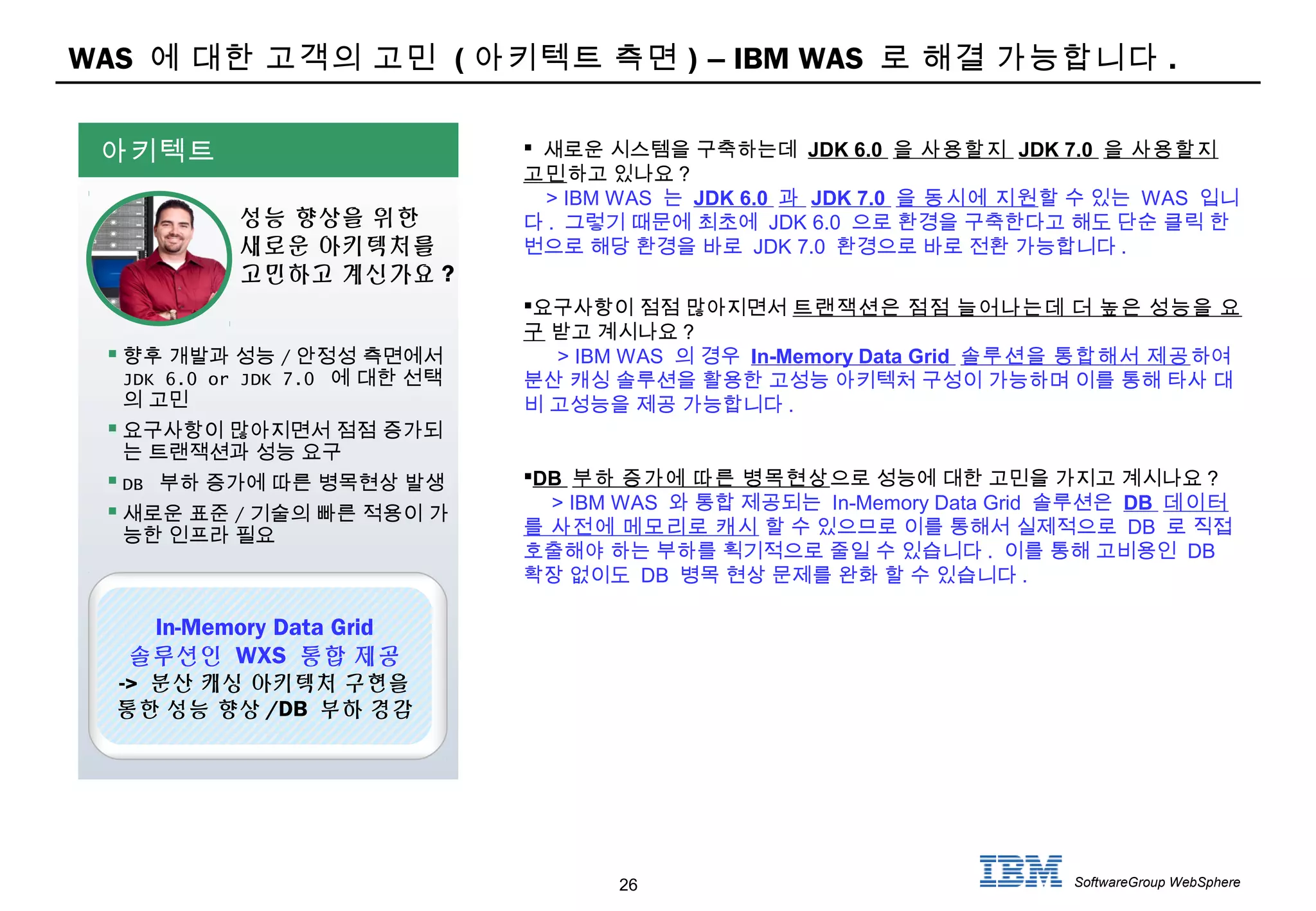 26 SoftwareGroup WebSphere
WAS 에 대한 고객의 고민 ( 아키텍트 측면 ) – IBM WAS 로 해결 가능합니다 .
 새로운 시스템을 구축하는데 JDK 6.0 을 사용할지 JDK 7.0 을 사용할지
고민하고 있나요 ?
> IBM WAS 는 JDK 6.0 과 JDK 7.0 을 동시에 지원할 수 있는 WAS 입니
다 . 그렇기 때문에 최초에 JDK 6.0 으로 환경을 구축한다고 해도 단순 클릭 한
번으로 해당 환경을 바로 JDK 7.0 환경으로 바로 전환 가능합니다 .
요구사항이 점점 많아지면서 트랜잭션은 점점 늘어나는데 더 높은 성능을 요
구 받고 계시나요 ?
> IBM WAS 의 경우 In-Memory Data Grid 솔루션을 통합해서 제공하여
분산 캐싱 솔루션을 활용한 고성능 아키텍처 구성이 가능하며 이를 통해 타사 대
비 고성능을 제공 가능합니다 .
DB 부하 증가에 따른 병목현상으로 성능에 대한 고민을 가지고 계시나요 ?
> IBM WAS 와 통합 제공되는 In-Memory Data Grid 솔루션은 DB 데이터
를 사전에 메모리로 캐시 할 수 있으므로 이를 통해서 실제적으로 DB 로 직접
호출해야 하는 부하를 획기적으로 줄일 수 있습니다 . 이를 통해 고비용인 DB
확장 없이도 DB 병목 현상 문제를 완화 할 수 있습니다 .
아키텍트
성능 향상을 위한
새로운 아키텍처를
고민하고 계신가요 ?
 향후 개발과 성능 / 안정성 측면에서
JDK 6.0 or JDK 7.0 에 대한 선택
의 고민
 요구사항이 많아지면서 점점 증가되
는 트랜잭션과 성능 요구
 DB 부하 증가에 따른 병목현상 발생
 새로운 표준 / 기술의 빠른 적용이 가
능한 인프라 필요
In-Memory Data Grid
솔루션인 WXS 통합 제공
-> 분산 캐싱 아키텍처 구현을
통한 성능 향상 /DB 부하 경감
 