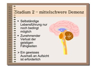   Selbständige
   Lebensführung nur
   noch bedingt
   möglich
  Zunehmender
   Verlust der
   geistigen
   Fähigkeiten
 Ein gewisses
  Ausmaß an Aufsicht
  ist erforderlich
 