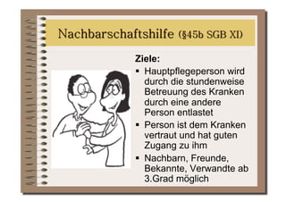Ziele:
  Hauptpflegeperson wird
   durch die stundenweise
   Betreuung des Kranken
   durch eine andere
   Person entlastet
  Person ist dem Kranken
   vertraut und hat guten
   Zugang zu ihm
  Nachbarn, Freunde,
   Bekannte, Verwandte ab
   3.Grad möglich
 