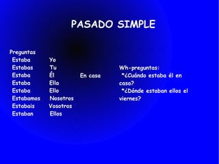 PASADO SIMPLE Preguntas Estaba Yo Estabas Tu Estaba Él Estaba Ella Estaba Ello Estabamos Nosotros Estabais Vosotros Estaban Ellos En casa Wh-preguntas: *¿Cuándo estaba él en casa? *¿Dónde estaban ellos el viernes?