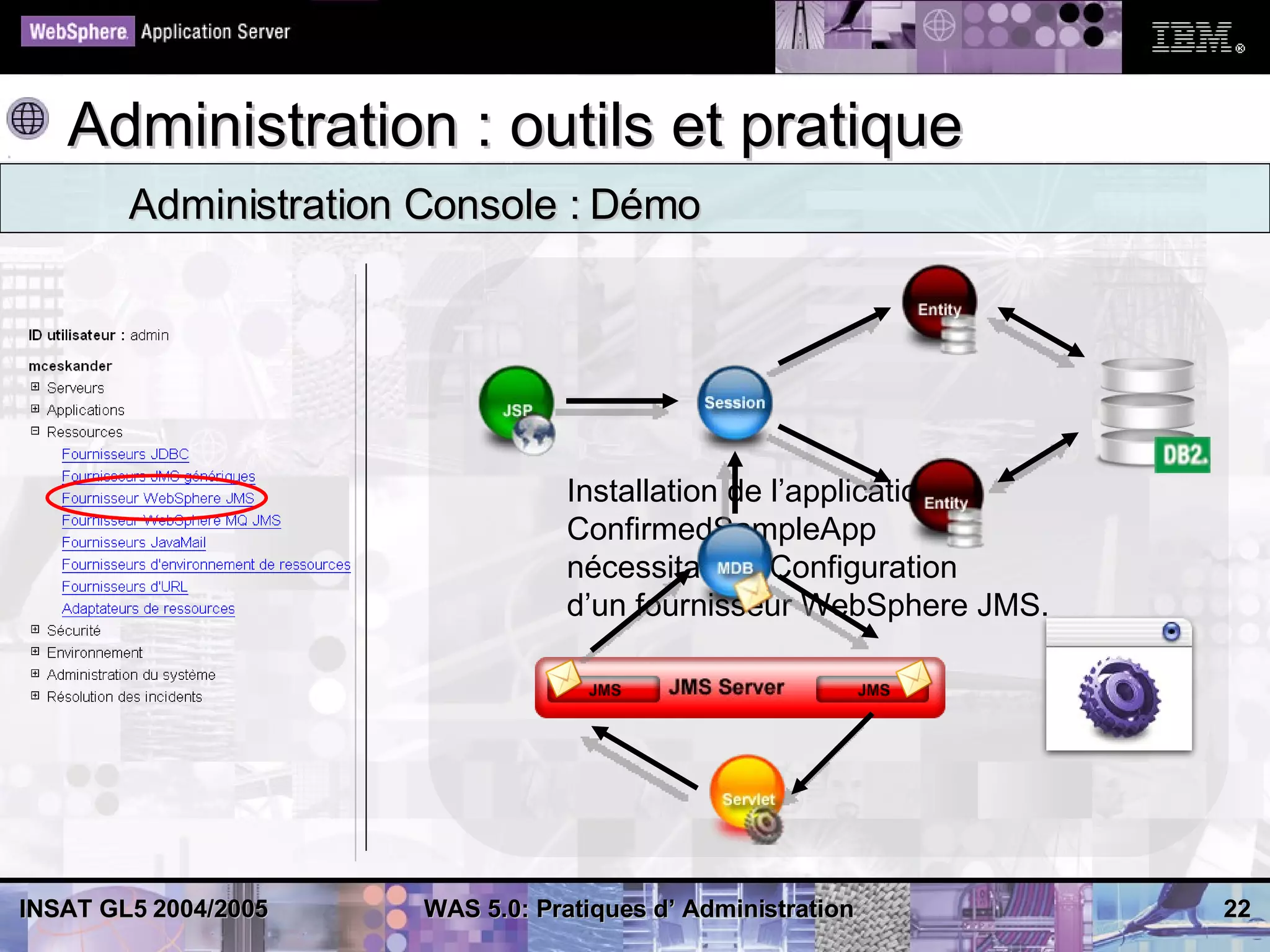Administration : outils et pratique
        Administration Console : Démo




                                 Installation de l’application
                                 ConfirmedSampleApp
                                 nécessitant la Configuration
                                 d’un fournisseur WebSphere JMS.




INSAT GL5 2004/2005   WAS 5.0: Pratiques d’ Administration         22
 