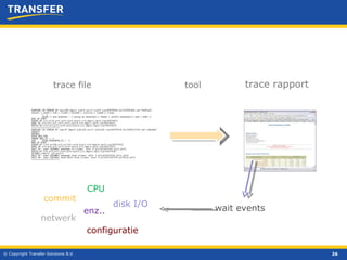 © Copyright Transfer Solutions B.V. trace file tool trace rapport CPU disk I/O netwerk configuratie wait events commit enz.. 