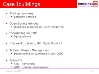 Case Ibuildings Startup company Software is prijzig Open Source minded Ibuildings gebruikte de ‘LAMP’ omgeving “ Scratching an itch” Tijdregistratie Hoe werkt dat nou, dat Open Source? Achievo Project Management Eerste open source release in april 2000 Spin-offs ATK - framework WDE - content management 