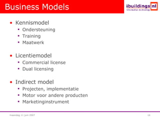 Business Models Kennismodel Ondersteuning Training Maatwerk Licentiemodel Commercial license Dual licensing Indirect model Projecten, implementatie Motor voor andere producten Marketinginstrument 