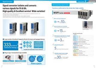 Product Guide Signal Converters
4 5
Large number of products! Supports all sorts of sensors and equipped devices
WSPFSeries
Functions conformed to the actual sites, high usability
"Plug-in type' and 'Terminal block type' available. 'Plug-in type' can take off the body
part from the socket. Therefore mounting and maintenance is easy.
'Terminal block type' saves space and costs."
Plug-in type Terminal block type
New Compact Plug-in Signal Converter
Plug-in type, Terminal block type available
Signal converter isolates and converts
various signals for FA & BA.
High quality & Excellent service! Wide varieties!
Watanabe Electric Industry is 'Manufacturer specializing in measuring and instrumentation instruments' and
has history of over 75 years since foundation.
Especially among them, we have made many sales results of Signal converters.
Signal converter converts various electrical signals to standardized signal which can use with various kinds of equipment.
Signal Converters
15turn
1turn
Improved adjustment sensitivity
・Time saving by improving adjustment trimmer
2
3kV
2kV
Safe design by high dielectric strength
・Compatible with 3kV stable operation
3
5years long warranty period
Long warranty period
4
WSPF-IS
WSPF-DS
WSPF-DSW
WSPF-DE
WSPF-DEW
Isolator
Isolator
Dual-output Isolator
High-speed Response Isolator
Dual-output High-speed Response Isolator
WSPF-DBZ
WSPF-DBZW
Distributor (Current Loop Supply)
Dual-output Distributor (Current Loop Supply)
WSPF-THZ
WSPF-THW
Thermocouple Converter
Dual-output Thermocouple Converter
WSPF-RTS
WSPF-RTW
RTD converter
Dual-output RTD Converter
■ Isolator
■ Distributor (Current Loop Supply)
■ Thermocouple Converter
■ RTD converter
WSPF-MS
WSPF-MSW
Potentiometer Converter
Dual-output Potentiometer Converter
■ Potentiometer Converter
New WSPF series line up list
Easy and ﬁne adjustment by using
precision screwdriver
New Product
±10%
±5%
Wide zero & span adjustment
1
Conpatible with various kinds of sensors and devices
Extensive lineup
products
333
PH
etc.
PH sensor Rotary
encoder
Pulse Load cell
sensor
Potentiometer
etc.
Monitoring equipment
Data logger
Digital panel meter
Control equipment
PLC
Temperature and
humidity sensor
Extended range of power supply
・Can be used for Automotive batteries
5
DC30V
Power supply
compatible
Made in Japan
1
Long term
stable supply
2
Quick
delivery
 