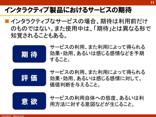 11

   インタラクティブ製品におけるサービスの期待
    インタラクティブなサービスの場合、期待は利用前だけ
     のものではない。また使用中は、「期待」とは異なる形で
     知覚されることもある。
                            サービスの利用、また利用によって得られる
                      期待    効果・効用、あるいは感じる感情などを予期
                            すること。

                            サービスの利用、また利用によって得られる
                      評価    効果・効用、あるいは感じる感情に対して、
                            価値判断を与えること。

                            サービスの利用自体への態度、あるいは利
                      意欲    用方法に対する意図などが生じること。

Copyright ©   Masaya Ando
 