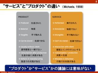 8

   “サービス”と“プロダクト”の違い                         （Michaela, 1998)




                                生産された           実行された

                                物質              物質でない

                                手で触れる           手で触れない

                                  在庫できる           在庫できない


                            通常顧客と一緒でない    顧客とインタラクションする

                            生産の後に消費がある    消費＝生産

                            製造での欠陥がある     行動での失敗がある


               “プロダクト”か“サービス”かの議論には意味がない
Copyright ©   Masaya Ando
 