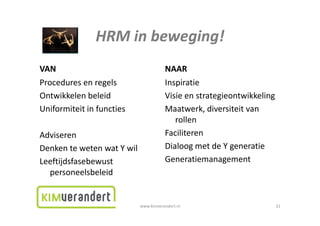 HRMinbeweging!
               HRM in beweging!
VAN                                    NAAR
Proceduresenregels                   Inspiratie
Ontwikkelenbeleid                     Visieenstrategieontwikkeling
Uniformiteitinfuncties               Maatwerk,diversiteitvan
                                          rollen
Adviseren                              Faciliteren
DenkentewetenwatYwil              DialoogmetdeYgeneratie
Leeftijdsfasebewust
      j                                Generatiemanagement
  personeelsbeleid


                            www.kimverandert.nl                         21
 
