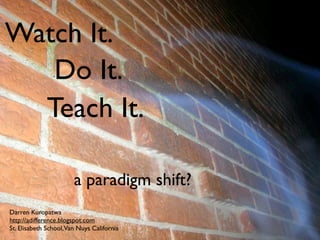 Watch It.
   Do It.
  Teach It.

                       a paradigm shift?
Darren Kuropatwa
http://adifference.blogspot.com
St. Elisabeth School,Van Nuys California