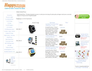 Cellphone Watch - Wholesale Cellphone Watches - China Watch Mobile phone




                                            Watch Mobile Phone
                Categories                                                                                                                                                                           Service Center
                                             Watch Mobile Phone - The latest and greatest innovation in mobile phone technology. Buy high quality and elegance watch phone, wrist watch
               Hot products                  cellphone at cheap prices from Happyshoppinglife!
            Electronic Gadgets

          Car Multimedia Player            Displaying 1 to 15 (of 15 products)
                                                                                                                                                                                                      Currencies
             Car DVD Player
                                                     Model                              Product Image                           Item Name                               Price                       US Dollar
                Car Video
                                                                                                                     Quad Band Touch Screen Watch
           Car GPS Navigation                                                                                        Mobile Phone - 1.5 Inch      $78.19                                            Specials [more]

              Car Accessories                                                                                        General Function: 1.5 Inch ... more info
        Car Parking Sensor System          HSL-WA-7                                                                  Touch Screen Watch Mobile
                                                                                                                     phone, Bluetooth, Camera
     Computer - Laptop - Netbook                                                                                     Specification * Quad-band
           Portable DVD Player                                                                                       network: GSM 850 / 900 /
                                                                                                                     1800 / 1900 MHz(...                                                               Autoradio with DVD
      Digital Cameras - Camcorders                                                                                   Cell Phone Watch with Video                                                       Navigation Digital TV
                                                                                                                     Camera and Bluetooth               $96.80                                         ISDB-T for Toyota Yaris
              Mobile Phones
                                                                                                                                                                                                       $359.10 $314.99
          Watch Mobile Phone
                                                                                                                     General Function: 1.5 Inch   ... more info                                        Save: 12% off

                                           HSL-WA-8                                                                  Cell Phone Watch, Bluetooth,
           Home Audio/ Video                                                                                         video Camera, Touch Screen,                                                       7 Inch Car Multimedia
        MP3 / MP4 Player Watch                                                                                       MP3 Player, FM Radio                                                              Player DVD, GPS,
                                                                                                                     Specification * Quad-band                                                         Parking Sensor and
                 LED Light                                                                                           network: GSM 850 /...                                                             Camera
                                                                                                                     Quad Band Touch Screen Watch $96.80 $88.99                                        $304.85 $280.99
           Health and Lifestyle
                                                                                                                                                                                                       Save: 8% off
                                                                                                                     Phone with Digital Camera    Save: 8% off
      Security Equipment - CCTV
                                                                                                                     General Function: Watch
                                                                                                                                                                                            English    German      Spanish
      Surveillance Equipment - Spy
                                           HSL-WA-9                                                                  Phone with 1.5 Inch samsung ... more info                            French    Italian    Portuguese
                                                                                                                     TFT 260k color Touch                                                  Swedish    Arabic     Russian
                 Bestsellers                                                                                         Screen, Bluetooth, video                                              Romanian      Dutch     Hindi
                                                                                                                     Camera Specification * Quad-                                         Danish    Czech      Norwegian
                           Cell Phone                                                                                band network: GSM 850 /...                                              Greek    Finnish     Bulgarian
                           Watch with                                                                                                                                                      Copyright © 2006-2012 Happy
                           Video                                                                                                                                                                Shopping Happy Life
                           Camera and                                                                                                                                                     China electronics whoelsale 网站统
                           Bluetooth
                                                                                                                                                                                          计 Link Exchange 寻找优秀的中国
                           $96.80
                                                                                                                                                                                                  电子产品供应商

                                                                                                                                                                                          Popular on happyshoppinglife sites:
                                                                                                                                                                                           car dvd player - China wholesale -

http://www.happyshoppinglife.com/watch-mobile-phone-c-26.html（第 1／6 页）6/21/2012 10:10:07 AM
 