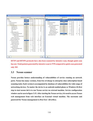110
HTTP and HTTPS protocols have also been scanned by intensive scan, though quick scan
has not. Total packets generated by intensive scan is 3739 compared to quick scan generated
only 365.
3.3 Nessus scanner
Nessus provides betters understanding of vulnerabilities of service running on network
ports. Nessus has many versions, from free of charge to enterprise class subscription based
scanning tools. Each version is accompanied by database of vulnerabilities for wide range of
networking devices. No matter the device is an android enabled phone or Windows 81.first
step to start nessus lab is to run Nessus service on external machine. Service configuration
window can be seen in figure 3.15. After starting the Nessus service, it is need to access Nessus
web management from web interface on External virtual machine. The username and
password for Nessus management is (Pen-Test / silverfire).
 