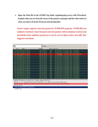 125
 Open the final file in the SNORT log folder (tcpdump.log.xxxxx) with Wireshark.
Explain what you see from the traces of the packet exchanges and how this relates to
what you observed in the Portscan and alertlog files.
Snort’s engine captures network packets by TCPDUMP program. TCPDUMP acts
similarto wireshark. Snort interprets network packets with its database to detect and
potentially block malicious packets.as it can be seen in figure below all traffic flow
logged in wireshark.
 