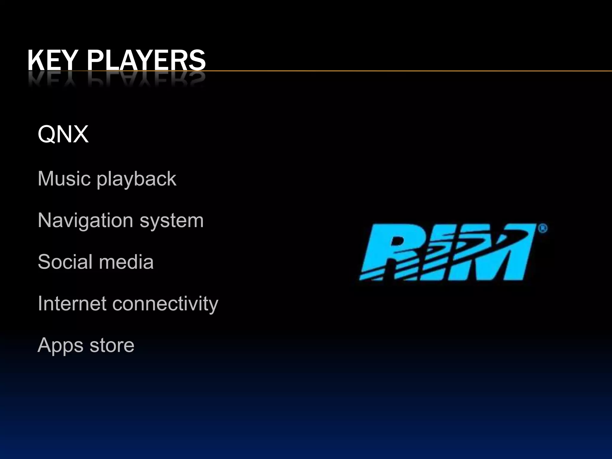 Key playersWindows EmbeddedLeading provider of InfotainmentCustomized user interfaceTell Me speech technologyMP3 connectivity
