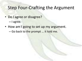 Step Four-Crafting the Argument
• Do I agree or disagree?
  – I agree.
• How am I going to set up my argument.
  – Go back to the prompt … it told me.
 
