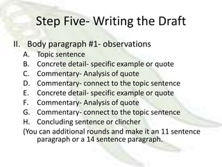 Step Five- Writing the Draft
II. Body paragraph #1- observations
  A. Topic sentence
  B. Concrete detail- specific example or quote
  C. Commentary- Analysis of quote
  D. Commentary- connect to the topic sentence
  E. Concrete detail- specific example or quote
  F. Commentary- Analysis of quote
  G. Commentary- connect to the topic sentence
  H. Concluding sentence or clincher
  (You can additional rounds and make it an 11 sentence
      paragraph or a 14 sentence paragraph.
 