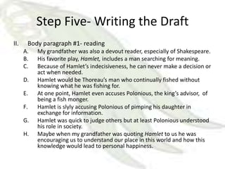 Step Five- Writing the Draft
II.    Body paragraph #1- reading
      A.   My grandfather was also a devout reader, especially of Shakespeare.
      B.   His favorite play, Hamlet, includes a man searching for meaning.
      C.   Because of Hamlet’s indecisiveness, he can never make a decision or
           act when needed.
      D.   Hamlet would be Thoreau’s man who continually fished without
           knowing what he was fishing for.
      E.   At one point, Hamlet even accuses Polonious, the king’s advisor, of
           being a fish monger.
      F.   Hamlet is slyly accusing Polonious of pimping his daughter in
           exchange for information.
      G.   Hamlet was quick to judge others but at least Polonious understood
           his role in society.
      H.   Maybe when my grandfather was quoting Hamlet to us he was
           encouraging us to understand our place in this world and how this
           knowledge would lead to personal happiness.
 