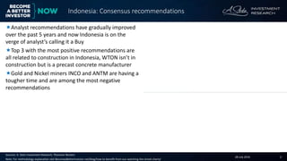 28 July 2016 2
Companies with the most positive recommendations Companies with the most negative recommendations
Sources: A. Stotz Investment Research, Thomson Reuters
Note: For methodology explanation visit BecomeaBetterInvestor.net/blog/how-to-benefit-from-our-watching-the-street-charts/
Analyst recommendations have gradually improved
over the past 5 years and now Indonesia is on the
verge of analyst’s calling it a Buy
Top 3 with the most positive recommendations are
all related to construction in Indonesia, WTON isn’t in
construction but is a precast concrete manufacturer
Gold and Nickel miners INCO and ANTM are having a
tougher time and are among the most negative
recommendations
Indonesia: Consensus recommendations
Bottom-up country relative consensus recommendation
Sell Sell Sell
Neutral
Neutral
1
3
5
7
9
1
3
5
7
9
2012 2013 2014 2015 YTD16
Indonesia
Buy
Sell
Company name RIC code Sector
Mcap
(US$m)
3MADTO
(US$m)
Adhi Karya ADHI.JK Industrials 742 4.1
Wijaya Karya Beton WTON.JK Materials 658 1.3
Pembangunan Perumahan PTPP.JK Industrials 1,463 2.0
Pakuwon Jati PWON.JK Financials 2,333 2.7
Bukit Asam PTBA.JK Energy 1,767 2.9
Company name RIC code Sector
Mcap
(US$m)
3MADTO
(US$m)
Semen Baturaja SMBR.JK Materials 533 1.7
Vale Indonesia INCO.JK Materials 1,926 1.7
Aneka Tambang ANTM.JK Materials 1,485 6.6
Lippo Karawaci LPKR.JK Financials 2,042 4.9
Unilever Indonesia UNVR.JK Cons. Staples 26,021 6.1
 