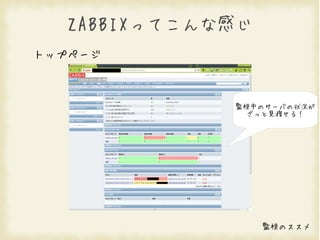 ZABBIXってこんな感じ
トップページ



             監視中のサーバの状況が
               ざっと見渡せる！




                  監視のススメ
 