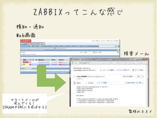 ZABBIXってこんな感じ
     検知・通知
     Web画面


                       障害メール




    アラートメールが
      飛んでくる！
(SkypeやIRCにも飛ばせる)
                           監視のススメ
 