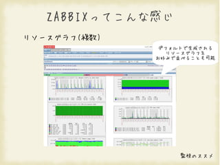 ZABBIXってこんな感じ
リソースグラフ(複数)
               デフォルトで生成される
                 リソースグラフを
              お好みで並べることも可能




                   監視のススメ
 