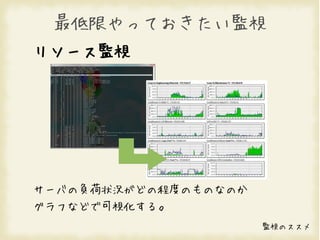 最低限やっておきたい監視
リソース監視




サーバの負荷状況がどの程度のものなのか
グラフなどで可視化する。
                      監視のススメ
 