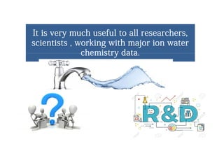 It is very much useful to all researchers,It is very much useful to all researchers,y ,y ,
scientists , working with major ion waterscientists , working with major ion water
chemistry datachemistry datachemistry data.chemistry data.
 