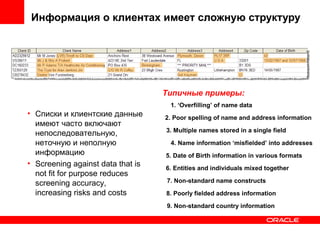 Информация о клиентах имеет сложную структуру

Типичные примеры:
1. ‘Overfilling’ of name data

• Списки и клиентские данные
имеют часто включают
непоследовательную,
неточную и неполную
информацию
• Screening against data that is
not fit for purpose reduces
screening accuracy,
increasing risks and costs

2. Poor spelling of name and address information
3. Multiple names stored in a single field
4. Name information ‘misfielded’ into addresses
5. Date of Birth information in various formats
6. Entities and individuals mixed together
7. Non-standard name constructs
8. Poorly fielded address information
9. Non-standard country information

 