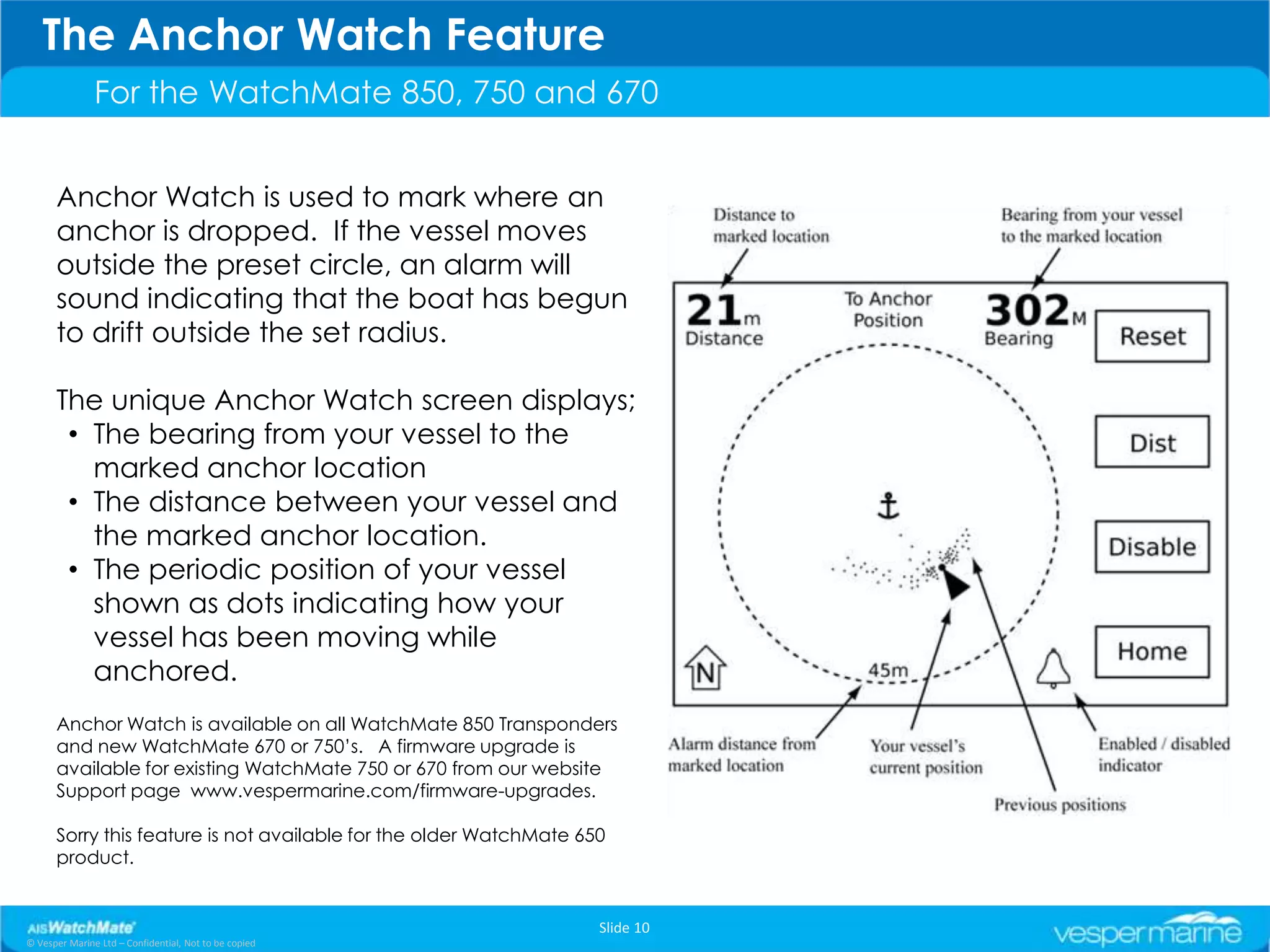 The Anchor Watch Feature
               For the WatchMate 850, 750 and 670


      Anchor Watch is used to mark where an
      anchor is dropped. If the vessel moves
      outside the preset circle, an alarm will
      sound indicating that the boat has begun
      to drift outside the set radius.

      The unique Anchor Watch screen displays;
       • The bearing from your vessel to the
         marked anchor location
       • The distance between your vessel and
         the marked anchor location.
       • The periodic position of your vessel
         shown as dots indicating how your
         vessel has been moving while
         anchored.
      Anchor Watch is available on all WatchMate 850 Transponders
      and new WatchMate 670 or 750’s. A firmware upgrade is
      available for existing WatchMate 750 or 670 from our website
      Support page www.vespermarine.com/firmware-upgrades.

      Sorry this feature is not available for the older WatchMate 650
      product.


                                                                    Slide 10
© Vesper Marine Ltd – Confidential, Not to be copied
 