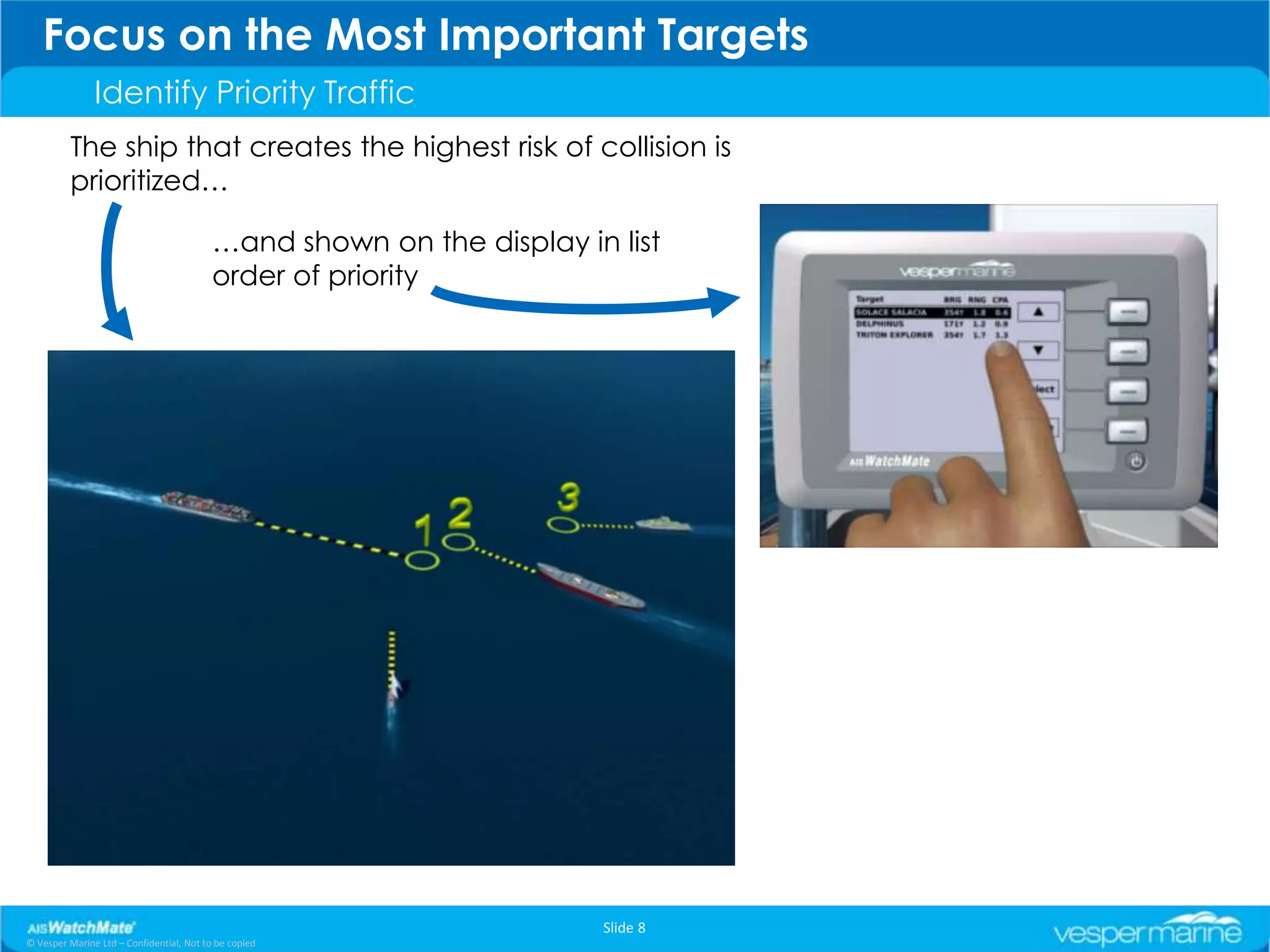 Focus on the Most Important Targets
               Identify Priority Traffic
         The ship that creates the highest risk of collision is
         prioritized…

                                          …and shown on the display in list
                                          order of priority




                                                                      Slide 8
© Vesper Marine Ltd – Confidential, Not to be copied
 