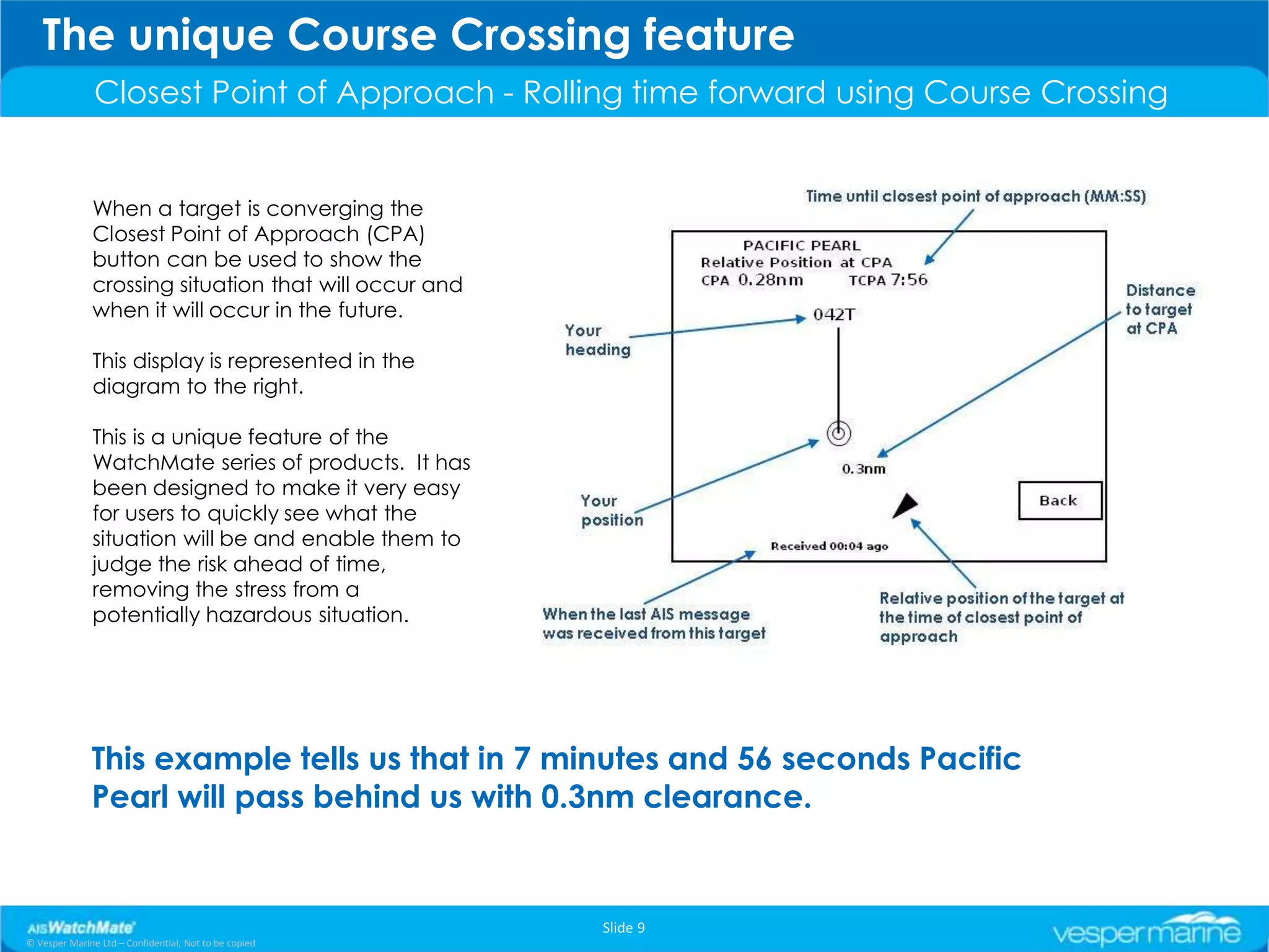 The unique Course Crossing feature
               Closest Point of Approach - Rolling time forward using Course Crossing


               When a target is converging the
               Closest Point of Approach (CPA)
               button can be used to show the
               crossing situation that will occur and
               when it will occur in the future.

               This display is represented in the
               diagram to the right.

               This is a unique feature of the
               WatchMate series of products. It has
               been designed to make it very easy
               for users to quickly see what the
               situation will be and enable them to
               judge the risk ahead of time,
               removing the stress from a
               potentially hazardous situation.




              This example tells us that in 7 minutes and 56 seconds Pacific
              Pearl will pass behind us with 0.3nm clearance.


                                                        Slide 9
© Vesper Marine Ltd – Confidential, Not to be copied
 