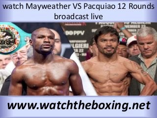 watch Mayweather VS Pacquiao 12 Rounds
broadcast live
www.watchtheboxing.net
 