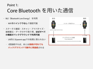 Point 1:
Core Bluetooth äͨ
? BLEBluetooth Low Energy 
- WiFiȤΥեʤͨſ
? Ʃ`_J??ɥХ?
ӾA_?ǩ`Τȡȡۤܤ٤
ΙCܤХå饦ɤÿ
- UXĤˤparent appǤ΄Iʤ
- 1ȽӾAСȤϽӾAФƤ
Хå饦ɤǄ֤ٽӾA
 