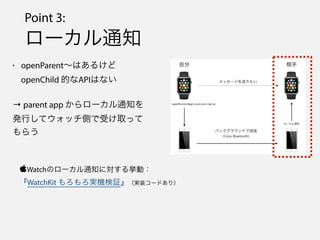 Point 3:
`֪ͨ
? openParentϤ뤱
openChild ĤʴʱϤʤ
 parent app `֪ͨ
kФƥåȤܤȡä
餦
?WatchΥ`֪ͨˌ뒤ӣ?
WatchKit gC^gװ`ɤ꣩
 