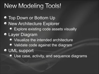 Top Down or Bottom Up New Architecture Explorer Explore existing code assets visually Layer Diagram Visualize the intended architecture Validate code against the diagram UML support Use case, activity, and sequence diagrams 