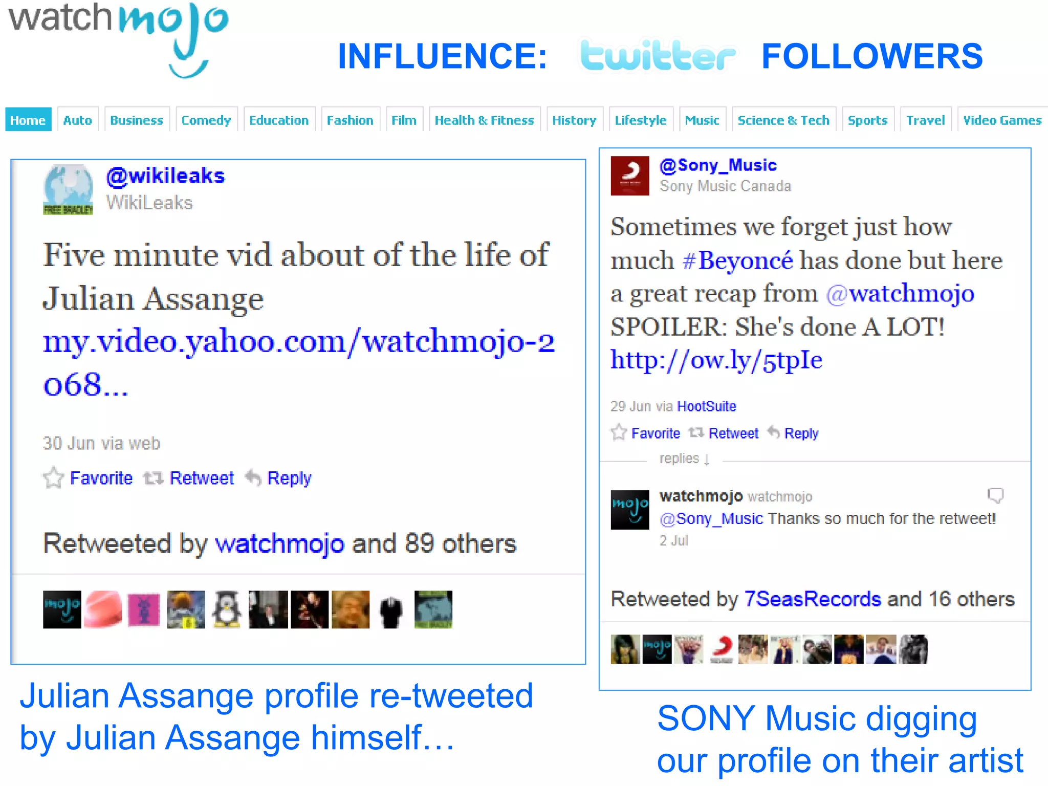 INFLUENCE:             FOLLOWERS




Julian Assange profile re-tweeted
                                    SONY Music digging
by Julian Assange himself…
                                    our profile on their artist
 