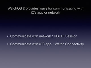 WatchOS 2 provides ways for communicating with
iOS app or network
• Communicate with network：NSURLSession
• Communicate with iOS app：Watch Connectivity
 
