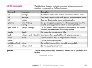 LIST OF COMMANDS                         The table below shows the available commands, with some commands
                                         explained in more detail on the following pages.

 Command           Parameters                      Description
 run               [<string>]                      Run timeline from current position, optional aux timeline name.
 halt              [<string>]                      Stop at the current position, with optional auxiliary timeline name
 kill              <string>                        Stop and deactivate the named auxiliary timeline.
 gotoTime          <uint>/<string>                 Go to a time position, specified in milliseconds or as a time. The
                   [<string>]                      second, optional, parameter selects an auxiliary timeline.
 gotoControlCue    <string> [<string>]             Go to a named Control cue (name is case sensitive). The second,
                                                   optional, parameter selects an auxiliary timeline.
 standBy           <bool>                          Set the standby mode to true or false.
 load              <string> [<uint> [<bool>]]      Load a show from specified file, with optional parameters.
 online            <bool>                          Control the online status of the production software.
 update                                            Update the display computers.
 enableLayerCond   <uint>                          Set enabled layer conditions (see table on page 245).
 setInput          <string> <float>                Set the value of a named Input.

gotoTime                                 Jumps to a time position along the timeline. The time can be specified in milli-
                                         seconds:
                                               gotoTime 60000




                                   Appendix D         Production Computer Protocol                                   243
 