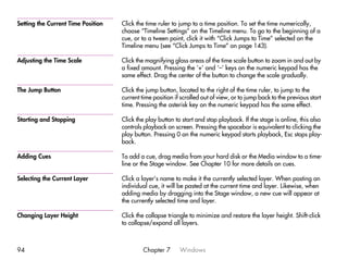 Setting the Current Time Position   Click the time ruler to jump to a time position. To set the time numerically,
                                    choose “Timeline Settings” on the Timeline menu. To go to the beginning of a
                                    cue, or to a tween point, click it with “Click Jumps to Time” selected on the
                                    Timeline menu (see “Click Jumps to Time” on page 143).

Adjusting the Time Scale            Click the magnifying glass areas of the time scale button to zoom in and out by
                                    a fixed amount. Pressing the ‘+’ and ‘–’ keys on the numeric keypad has the
                                    same effect. Drag the center of the button to change the scale gradually.

The Jump Button                     Click the jump button, located to the right of the time ruler, to jump to the
                                    current time position if scrolled out of view, or to jump back to the previous start
                                    time. Pressing the asterisk key on the numeric keypad has the same effect.

Starting and Stopping               Click the play button to start and stop playback. If the stage is online, this also
                                    controls playback on screen. Pressing the spacebar is equivalent to clicking the
                                    play button. Pressing 0 on the numeric keypad starts playback, Esc stops play-
                                    back.

Adding Cues                         To add a cue, drag media from your hard disk or the Media window to a time-
                                    line or the Stage window. See Chapter 10 for more details on cues.

Selecting the Current Layer         Click a layer’s name to make it the currently selected layer. When pasting an
                                    individual cue, it will be pasted at the current time and layer. Likewise, when
                                    adding media by dragging into the Stage window, a new cue will appear at
                                    the currently selected time and layer.

Changing Layer Height               Click the collapse triangle to minimize and restore the layer height. Shift-click
                                    to collapse/expand all layers.



94                                           Chapter 7      Windows
 