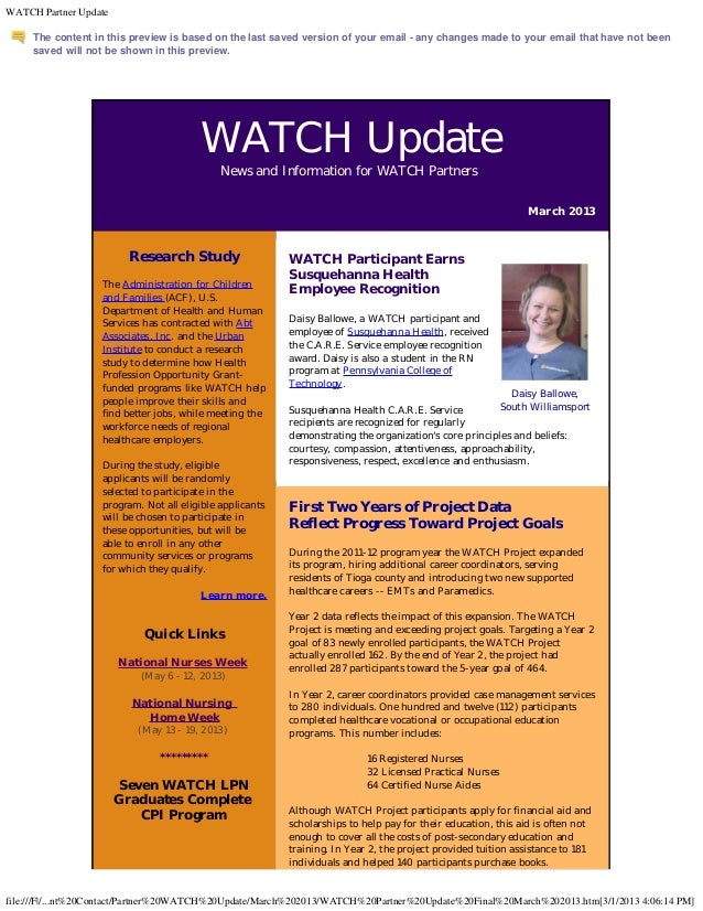 WATCH Partner Update     The content in this preview is based on the last saved version of your email - any changes made t...