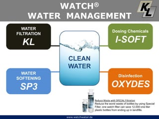 WATCH®
WATER MANAGEMENT
KL
WATER
FILTRATION
KL
WATER
SOFTENING
SP3
Dosing Chemicals
I-SOFT
CLEAN
WATER
Disinfection
OXYDES
Reduce Waste with SPECIAL Filtration
Reduce the worst waste of bottles by using Special
Filter, one watch filter can save 12,000 one liter
plastic bottles from ending up in landfills.
www.watchwater.de
 